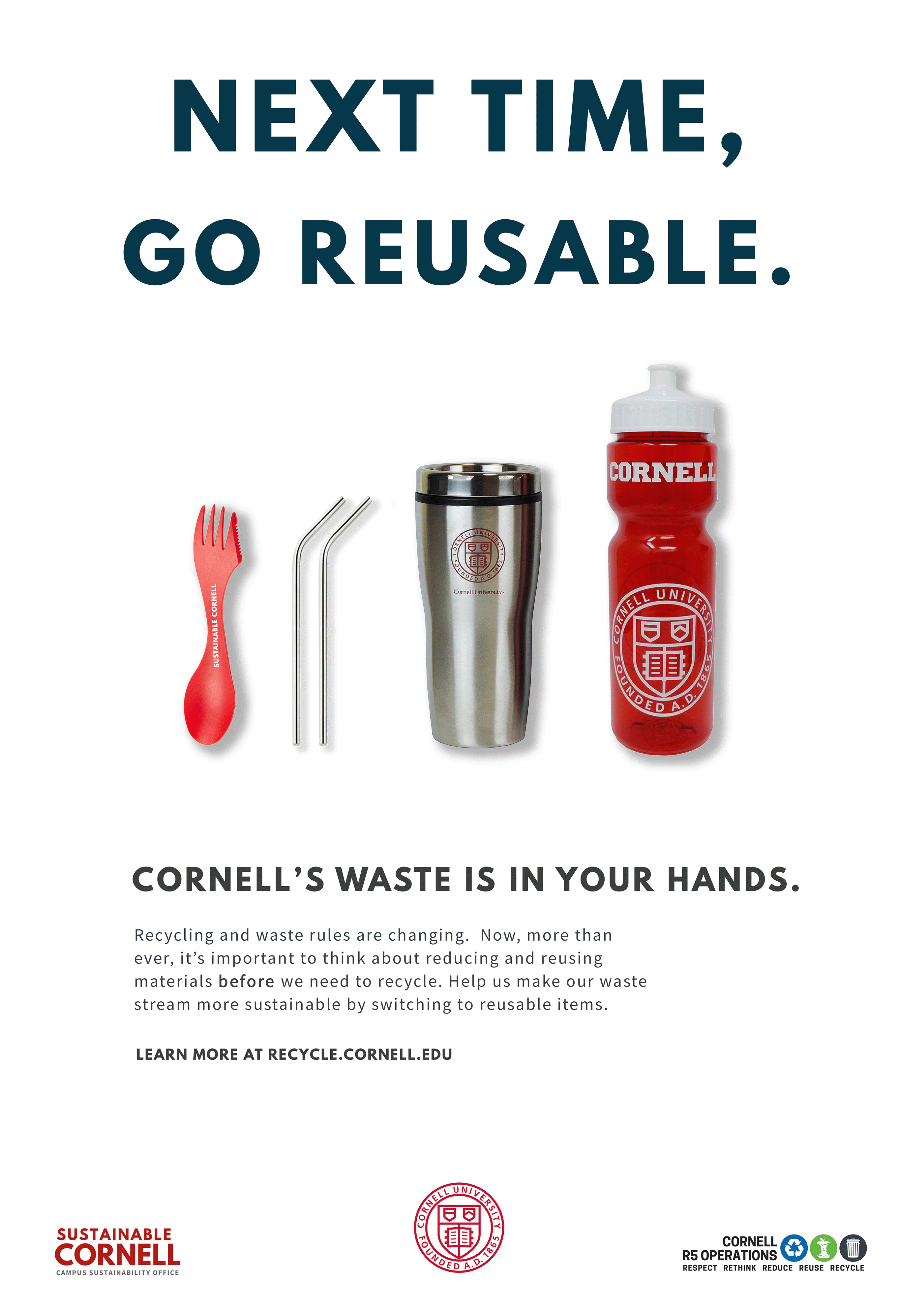 Poster reads "go reusable" with image of reusable spork, metal straw, and coffee mug. Text below reads "Cornell's waste is in your hands."