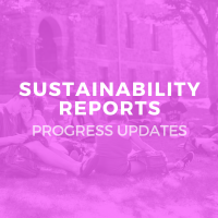 Pink circle with text: Sustainability Reports, Progress Updates