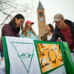 Students tabling on Ho Plaza behind a sign for the student club "ECO"