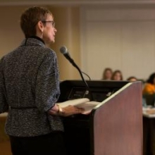 President Elizabeth Garrett addresses the fifth annual President’s Sustainable Campus Committee fall summit Nov. 12. (Robert Barker/University Photography)