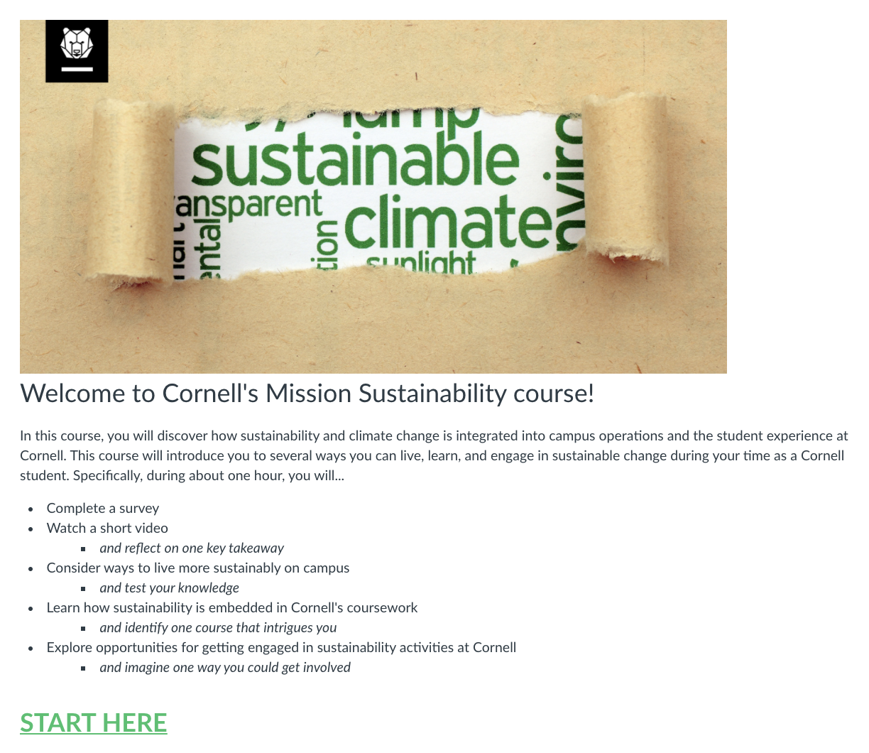 Welcome screen for Mission Sustainability Canvas course
