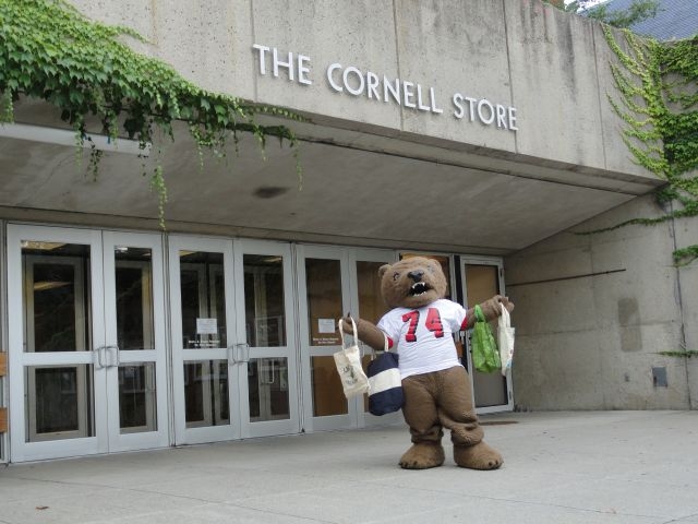 Big Red Bear in front of the Cornell Store