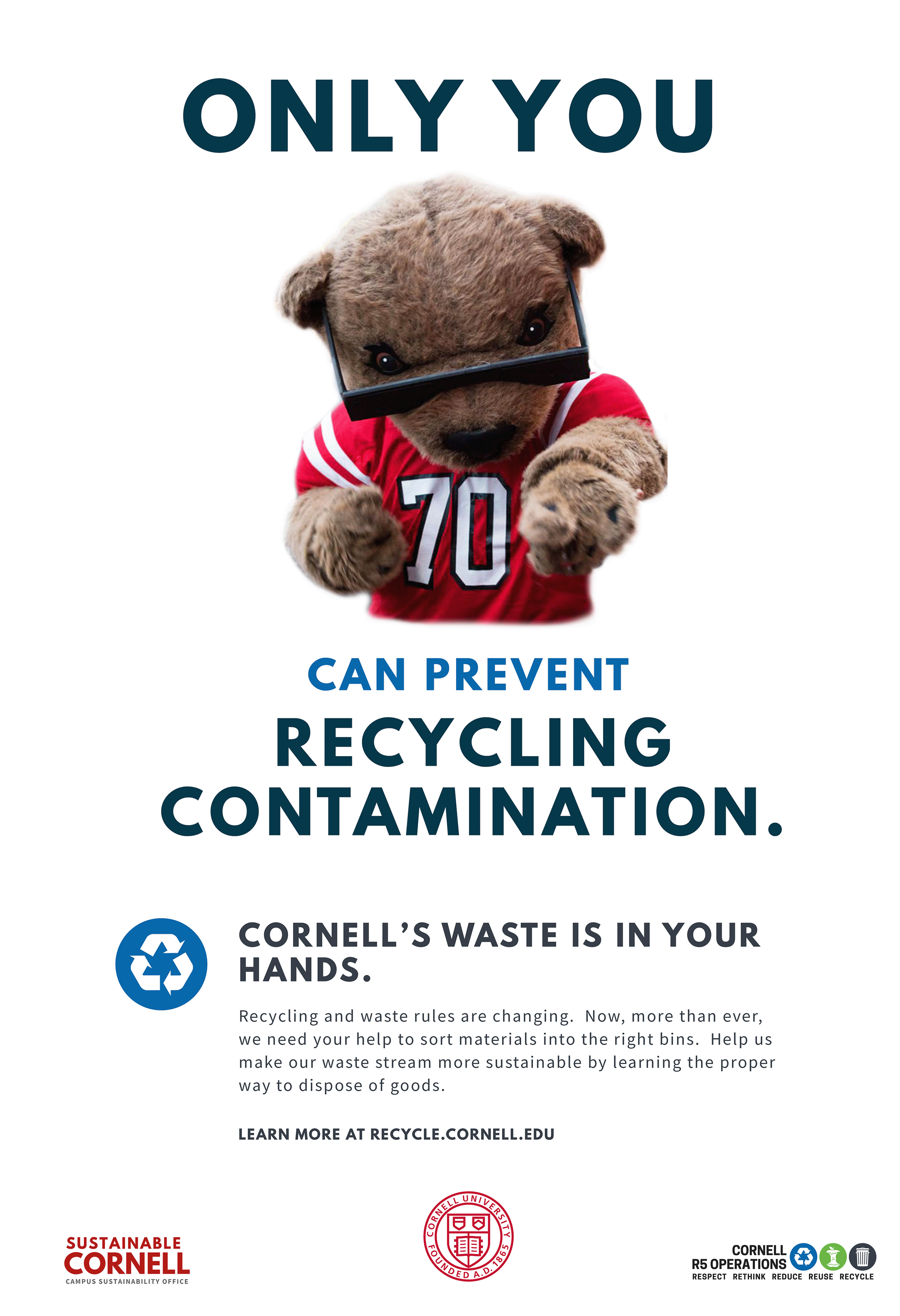 Poster with image of Big Red Bear pointing and text 'Only You can prevent recycling contamination.' Text below reads Cornell's waste is in your hands.