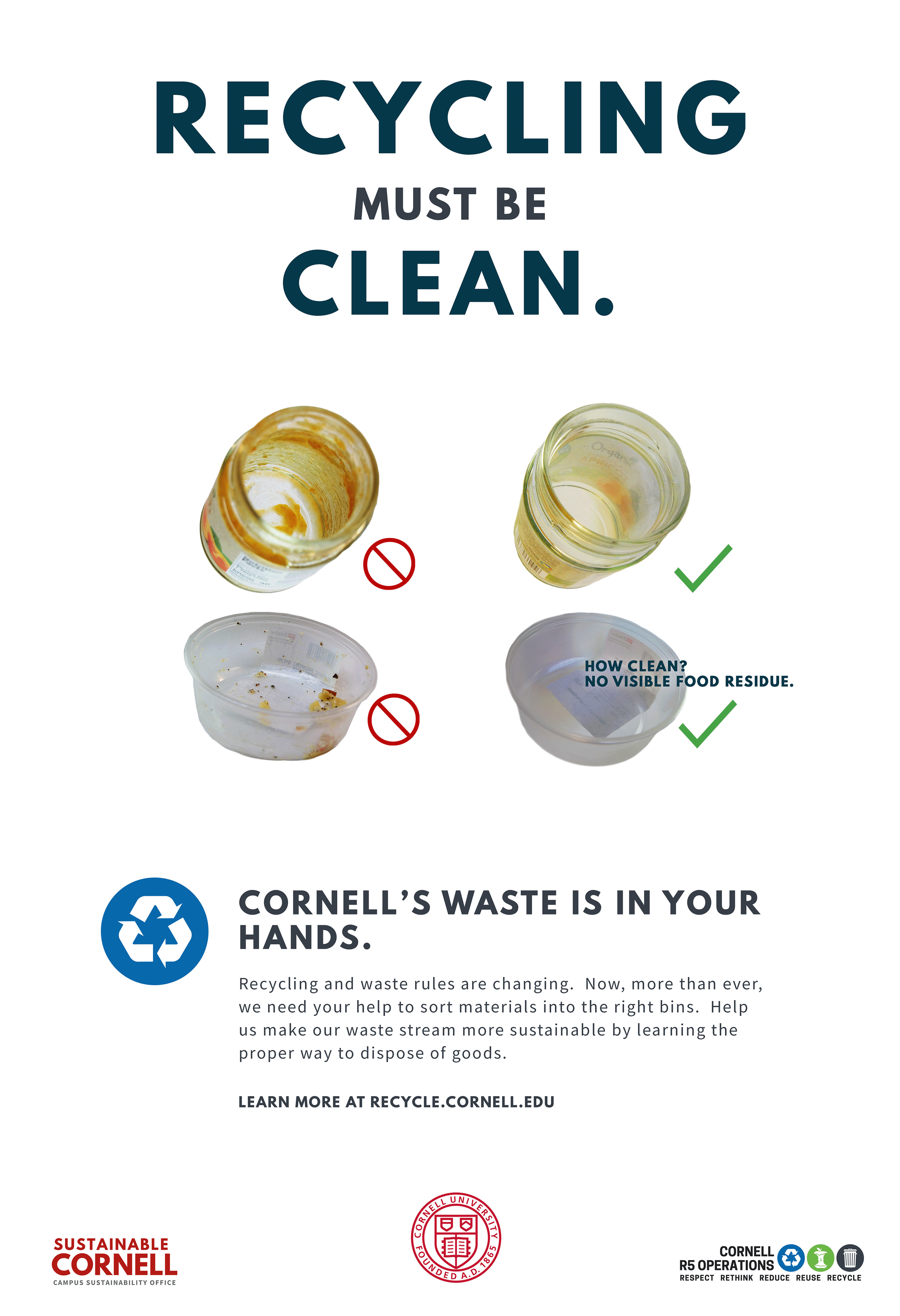 Poster image of dirty jars "bad" and completely clean jars "good" with text "Keep it Clean." Text below reads Cornell's waste is in your hands.