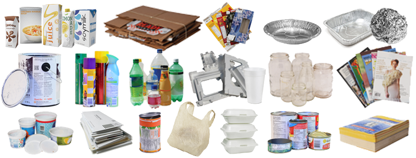 Collage of  landfall, recyclable, compostable items 