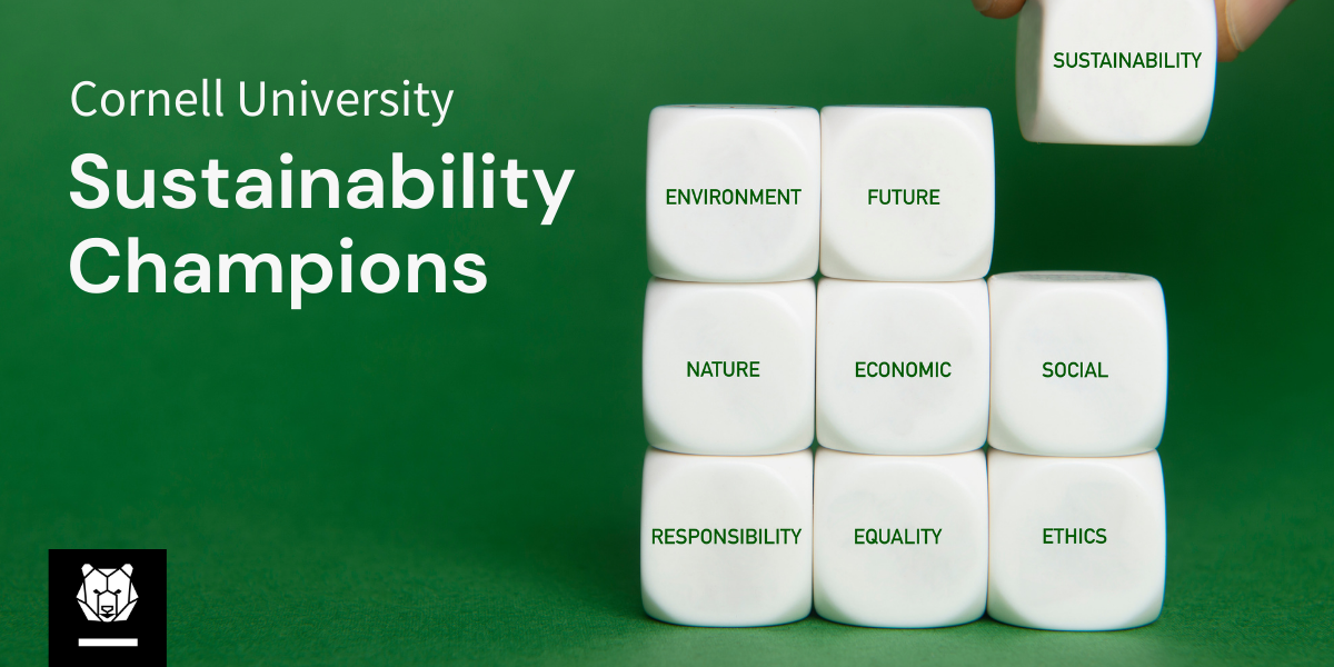 Cornell University Sustainability Champions header, showing fingers stacking dice with words related to sustainability on their faces