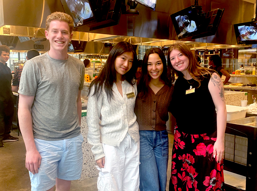 Student sustainability coordinators host a Get Cooking class to introduce their peers to the benefits of plant-based meals. From L to R: Robbie Goldman '27, Sophie Yang '25, Noa Dijstelbloem '25, Ellie Butkovich '26