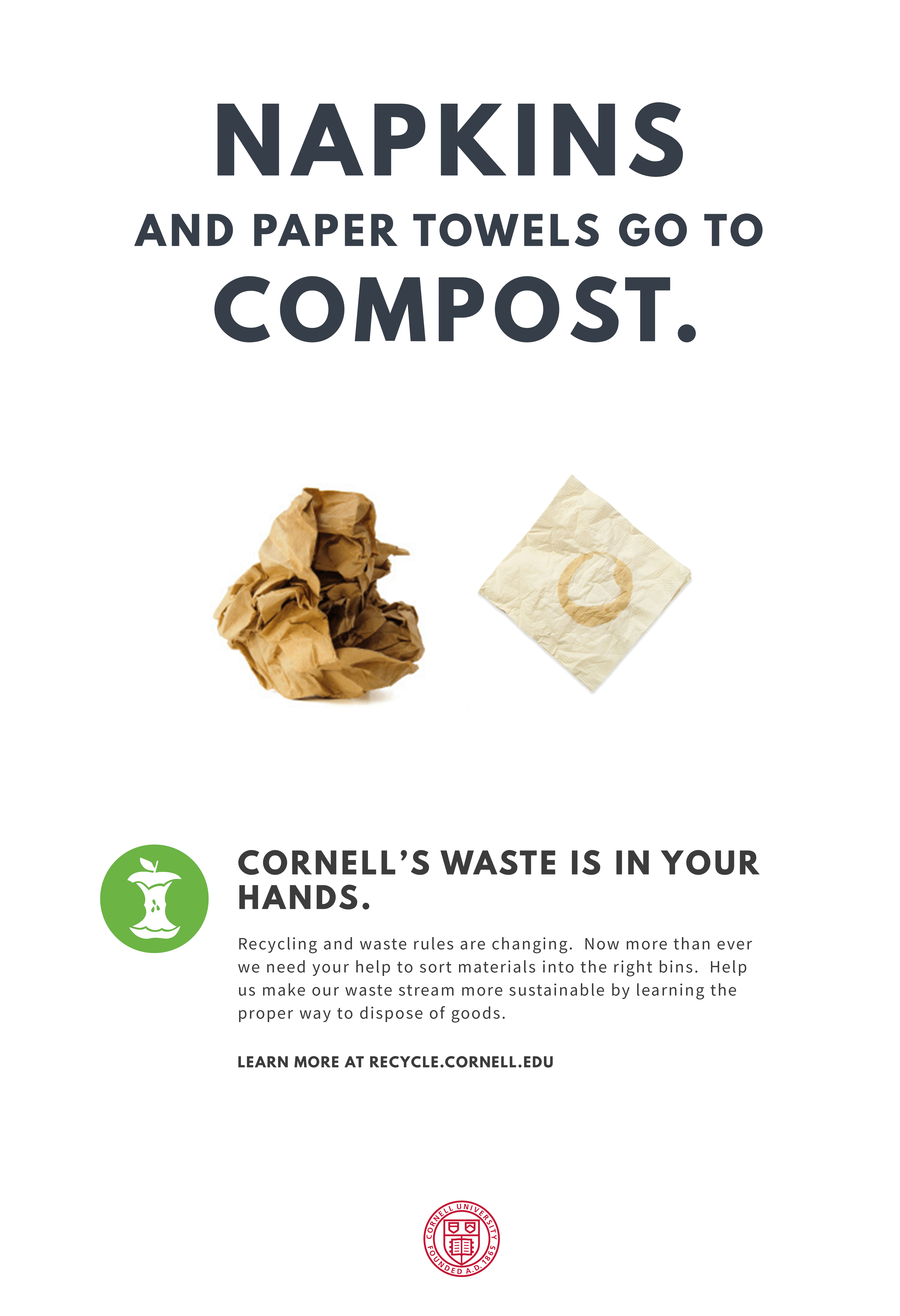 Poster with text "food scraps and napkins only in compost on campus"