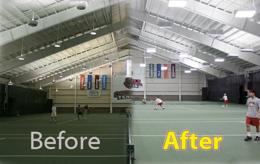 Side by side of indoor tennis courts, with energy retrofit side showing more light and clarity