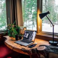 Home office set-up in front of a window