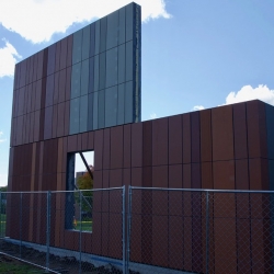A mock-up of exterior materials was installed on North Campus to allow project designers of the North Campus Residential Expansion to visualize aesthetic options for its buildings in the context of the existing facilities and natural environment.