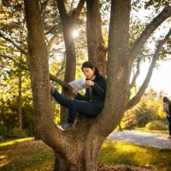 Student studies in tree