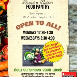 Bread 'n Butter Food Pantry Open to All! Mondays 12:30-1:30 PM and Wednesdays 3:30-4:30 PM