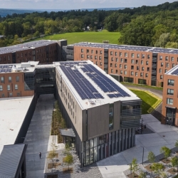 New residence halls on North Campus at Cornell as seen from above, with solar panels covering all roofs