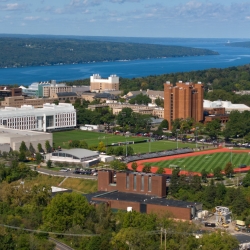 Aerial view Cornell includes Wilson Lab and Cayuga Lake