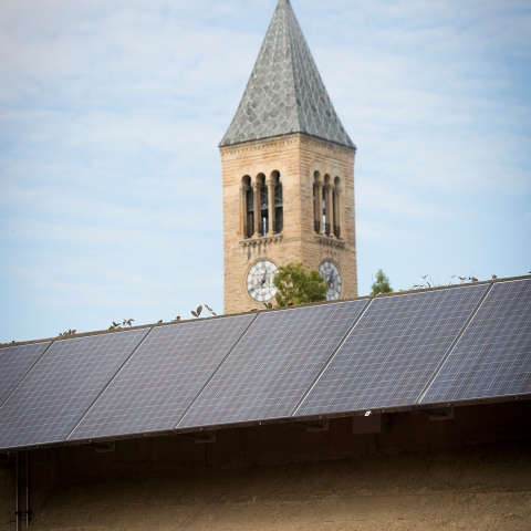 Cornell clock tower with Day Hall solar panels in foreground