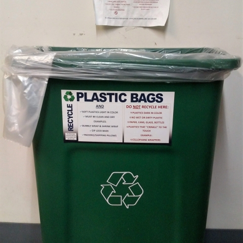 Cornell University plastic bag recycling bin.