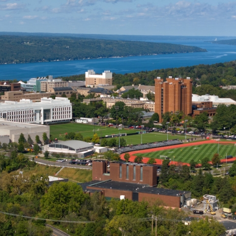 Aerial view Cornell includes Wilson Lab and Cayuga Lake