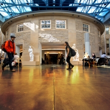 Arts and Sciences students walk through the Klarman Hall atrium