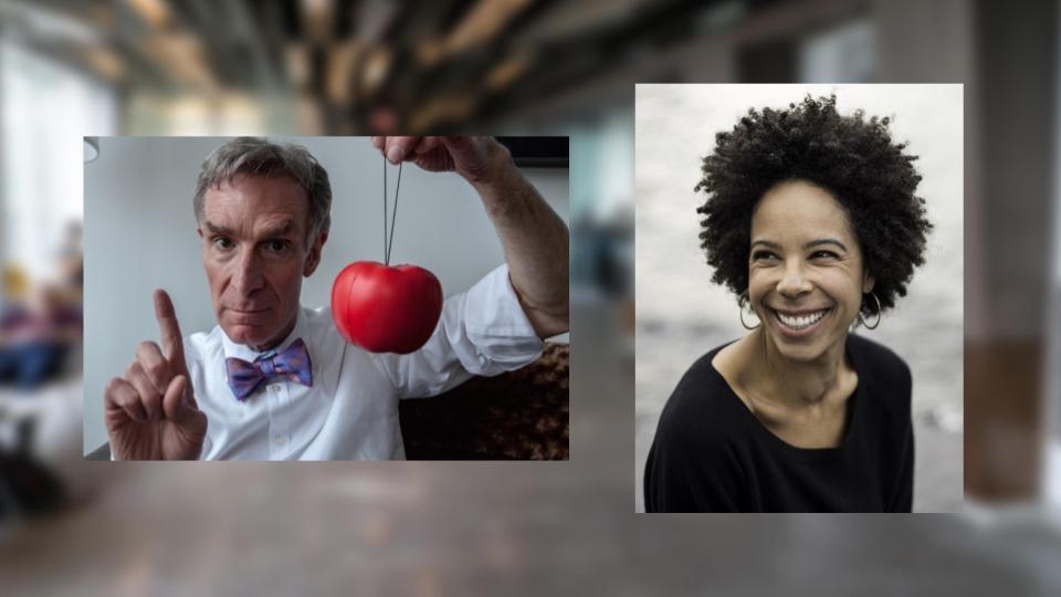 Bill Nye ’77 (left) and marine biologist and conservation expert Dr. Ayana Elizabeth Johnson (right) discussed climate solutions at the December New York Sustainability Conference.
