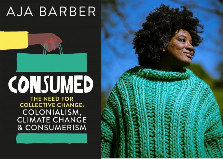 Aja Barber, a black woman, next to the title of her book on colonialism and climate change in the fashion industry