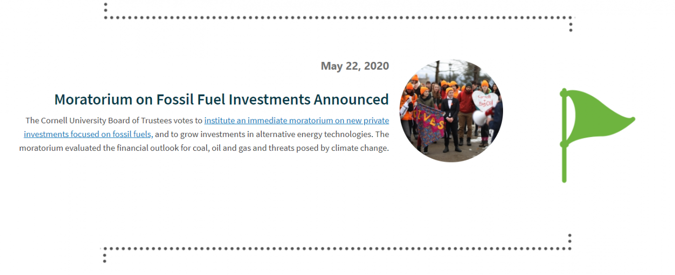  A snapshot of the annual report, highlighting Cornell's moratorium on fossil fuel investments