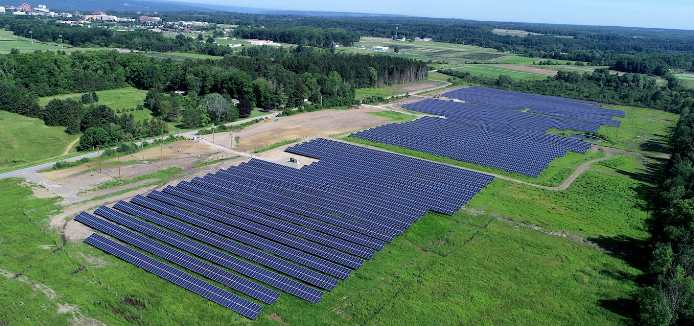 Cascadilla Community Solar Farm, as seen from a drone in summer