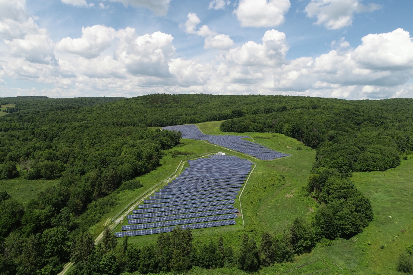 Drone image of the Cornell Ruminant Center Solar Farm panels