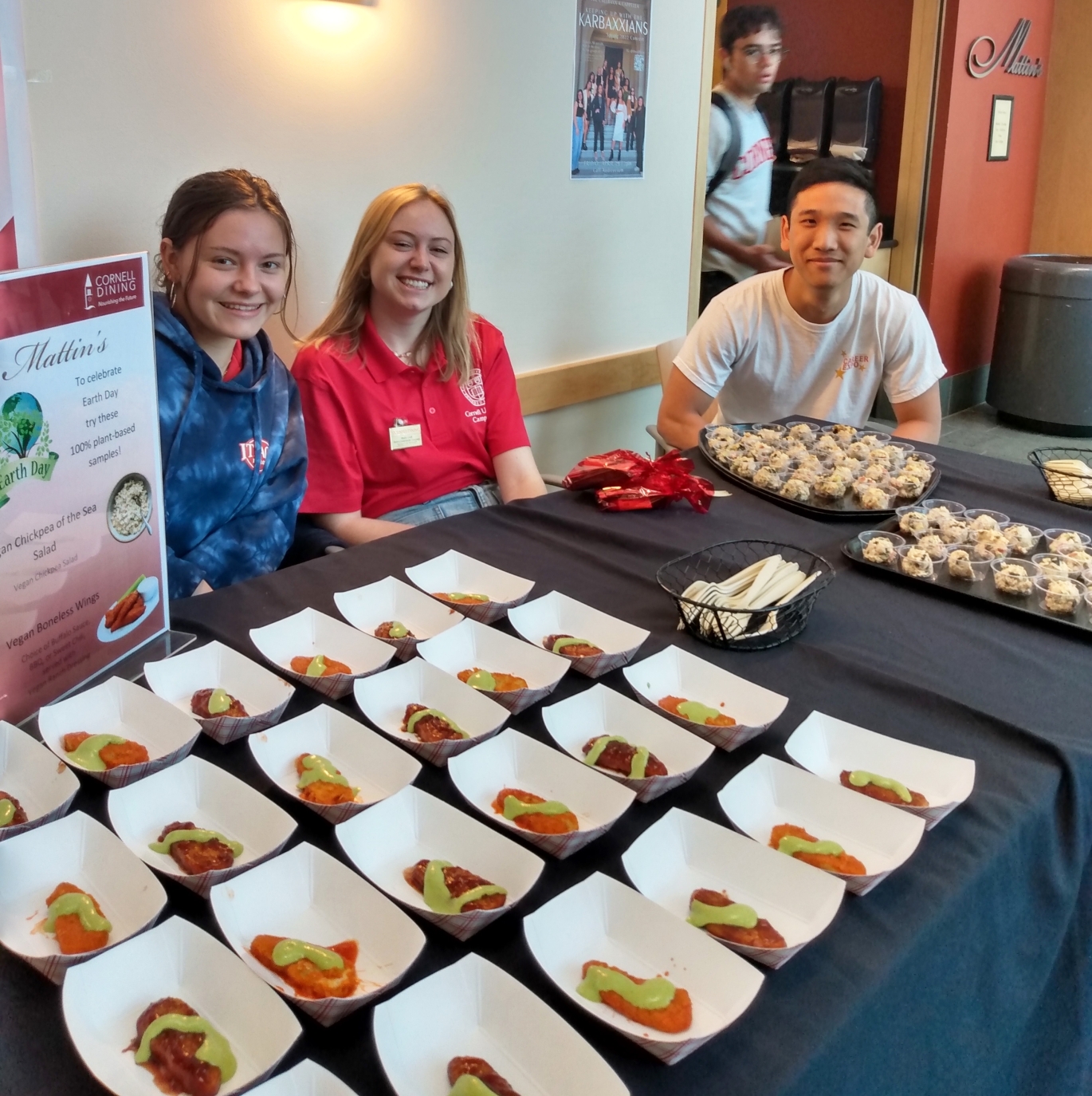 Student Sustainability Coordinators served samples of vegan offerings on Earth Day 2022 at Mattin's Cafe, in Duffield Hall on the Engineering Quad.
